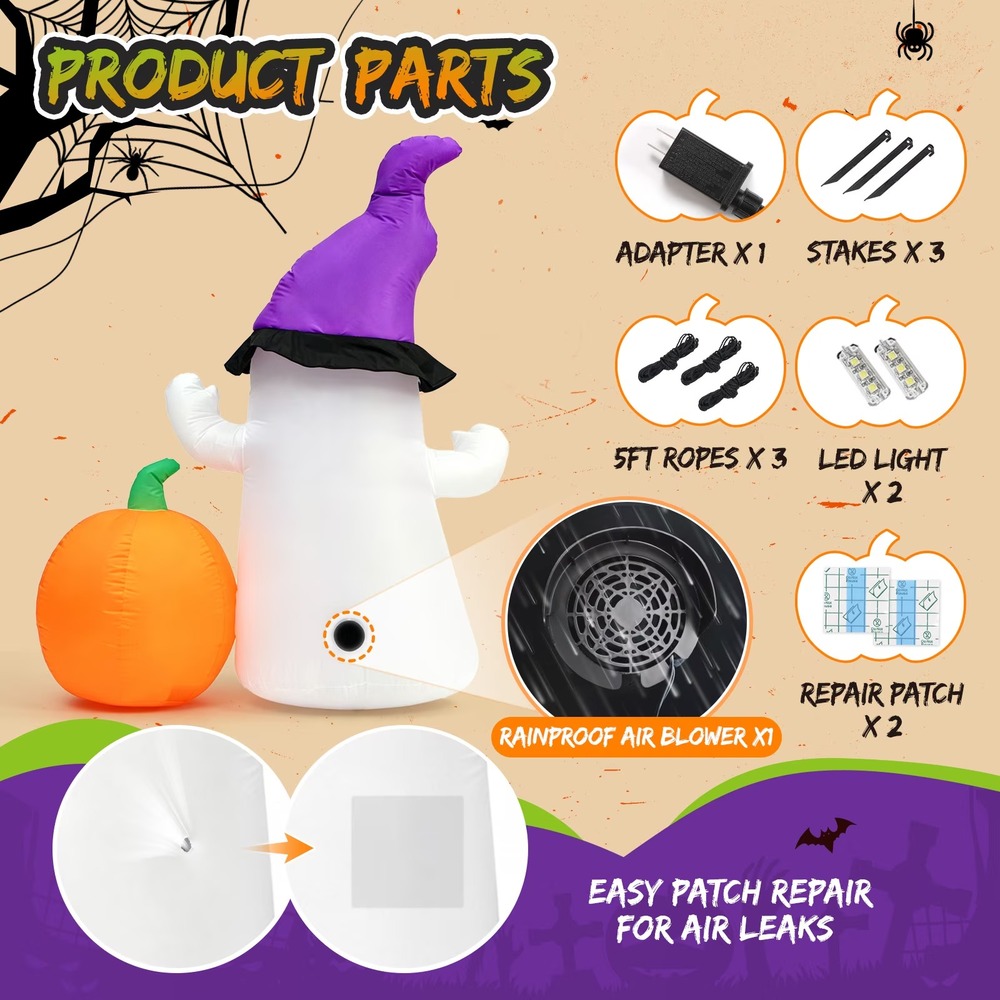 5.5FT Halloween Inflatable Ghost w/ Pumpkin & Witch Hat LED Yard Decoration NEW - Picture 4 of 9